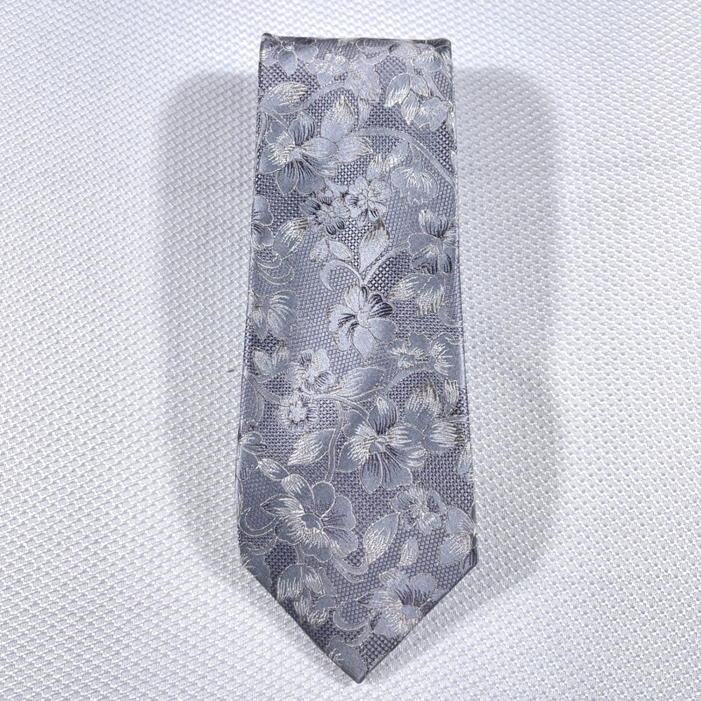 Paul Fredrick Silver Floral Silk Jacquard Necktie Men's Formal Dress Tie - Picture 1 of 3